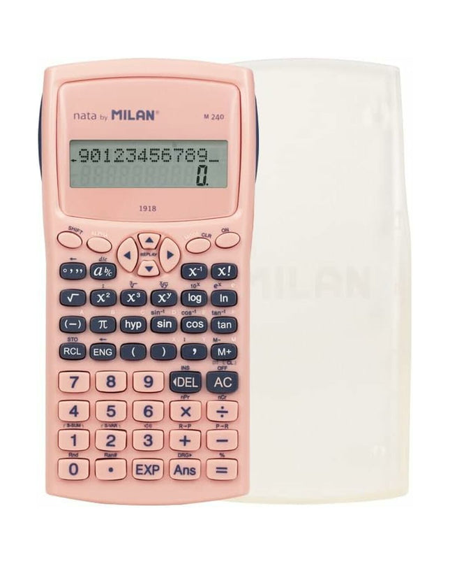 Pink Milan M240 scientific calculator from the 1918 series, featuring a digital display and multiple scientific functions.