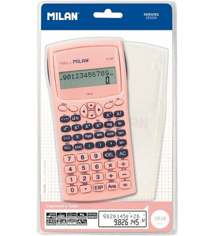 Milan M240 scientific calculator in pink, office electronics and stationery, with digital display and scientific function keys.