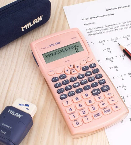Pink scientific calculator Milan M240 Serie 1918 with digital display and scientific functions for office and academic use.