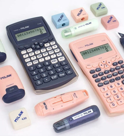 Milan M240 scientific calculator in pink from the 1918 series, with digital display and keypad, office electronics and stationery.