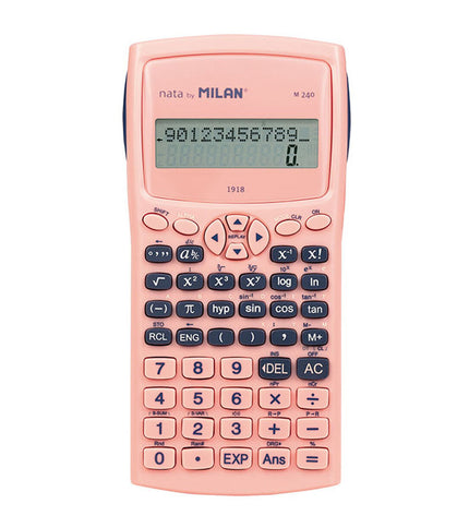 Pink Milan M240 scientific calculator from the 1918 series, showing its keypad and display screen.