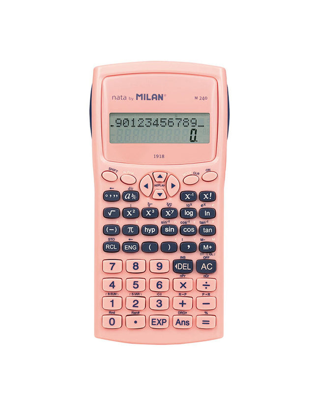 Pink Milan M240 scientific calculator from the 1918 series, showing its keypad and display screen.
