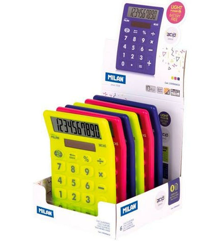 Milan Acid calculator in black with digital display, compact 14.5 x 10.6 x 2.1 cm, for office and writing tasks.