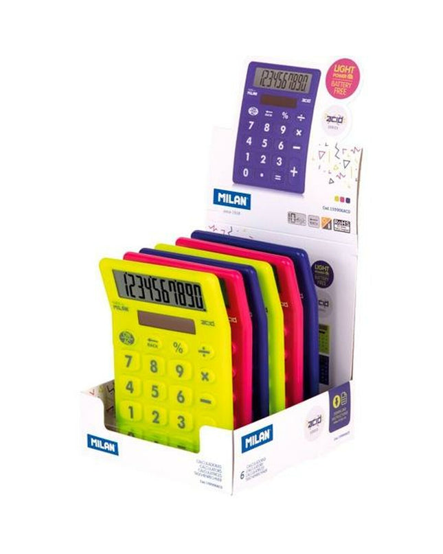 Milan Acid calculator in black with digital display, compact 14.5 x 10.6 x 2.1 cm, for office and writing tasks.