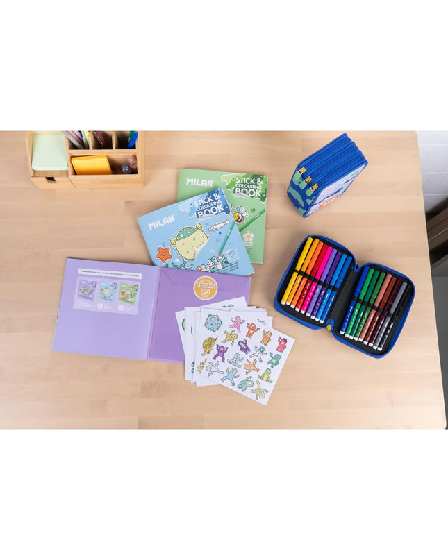Milan Alien Invasion coloring sticker book for kids, featuring colorful space-themed illustrations and creative activity pages.