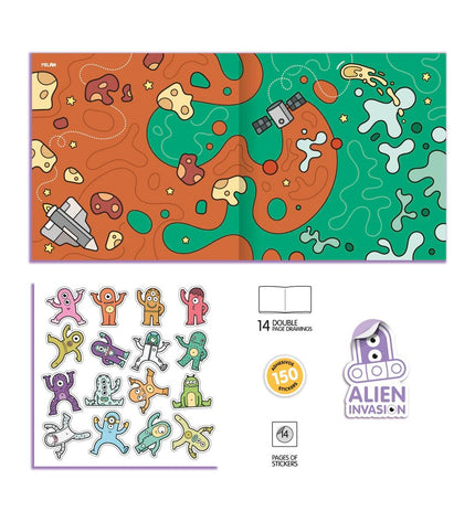 Milan Alien Invasion coloring sketchbook for kids, featuring alien and spaceship illustrations for creative activity.