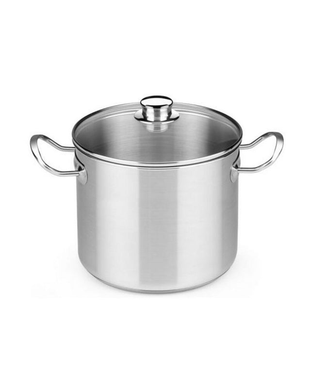 BRA 10.5L stainless steel pot with glass lid, durable 18/10 cookware for kitchen and cooking use.