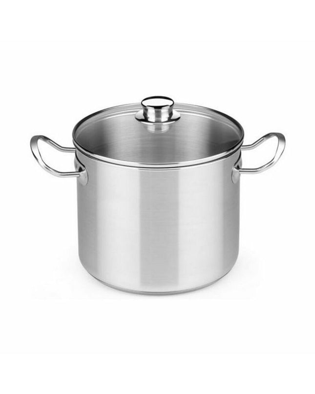 Stainless steel pot with glass lid from BRA, 18/10 durable kitchen cookware, suitable for home cooking and food preparation.