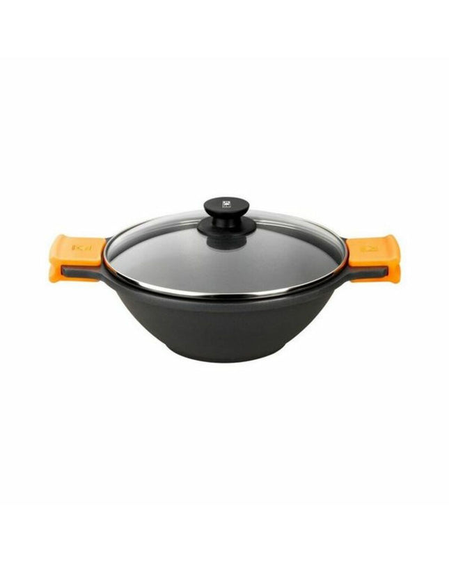BRA Pan Braisogona in zwart en oranje, aluminium cookware with metal handle, 24 cm and 28 cm diameter for kitchen use.