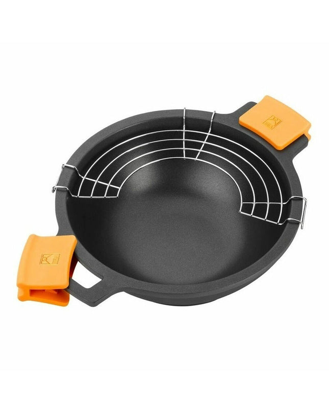 BRA Pan BRA Braisogona in black and orange with metal handle, aluminum, 24cm and 28cm diameter for home cooking and kitchen use.