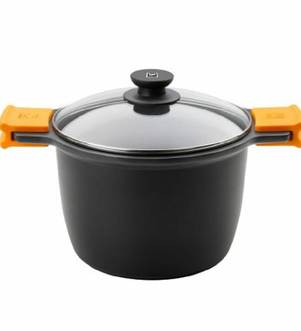 Black BRA pot with glass lid, made of cast and hardened aluminum, suitable for home cooking and kitchen use.