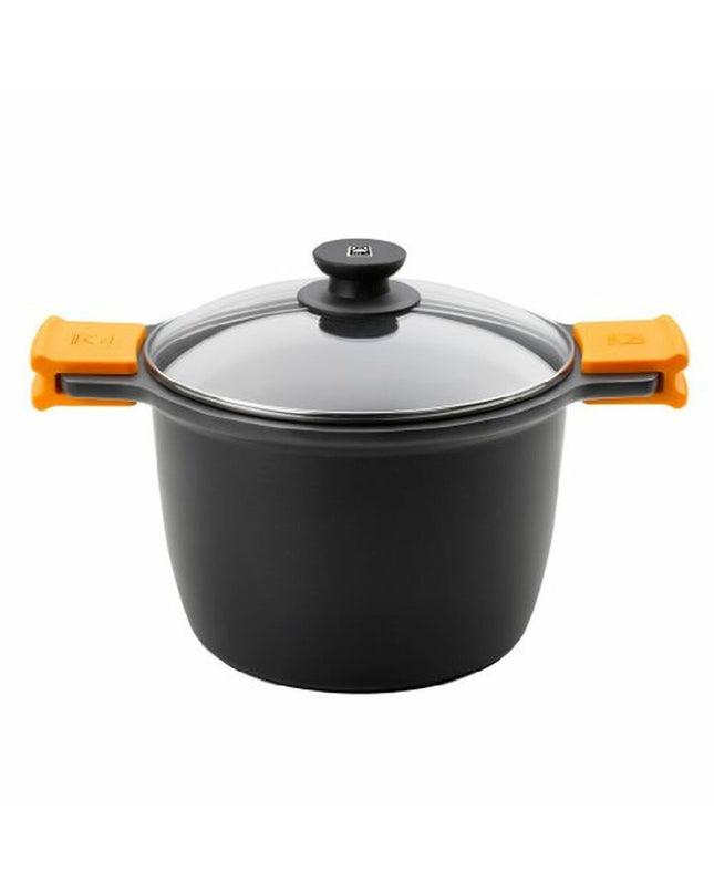 Black BRA pot with glass lid, made of cast and hardened aluminum, suitable for home cooking and kitchen use.