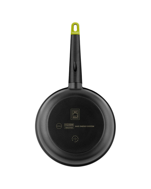 Black 30 cm aluminium cooking pan from BRA Foodie with metal handle, ideal for home and kitchen cooking tasks.
