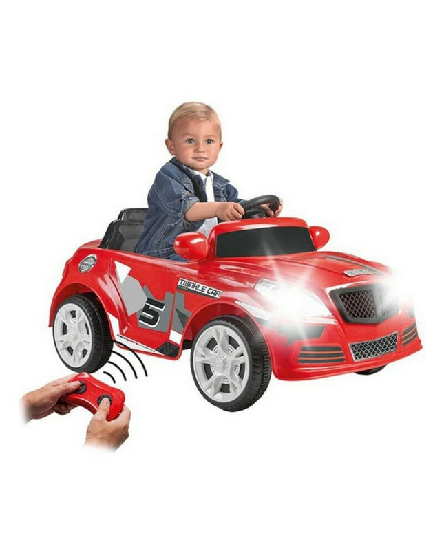 Feber elektrische speelgoedauto voor kinderen, zwart en rood met veilige zit en stuur, geschikt voor buiten spelen.