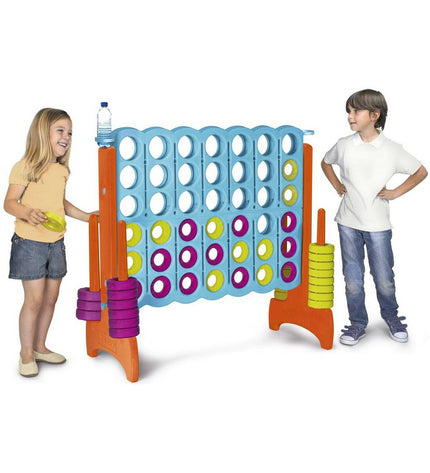 Feber Mega 4 in Line game set, colorful plastic tabletop game for kids, with red, yellow, and blue game pieces on a white background.