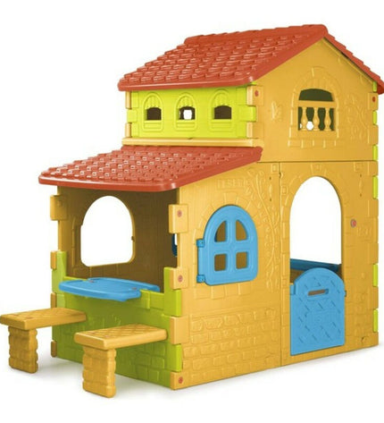 Feber speelgoedhuis voor kinderen, grote houten villa met kleurrijke details, geschikt voor buiten speelplezier
