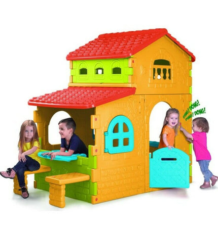 Feber Super Villa playhouse for children, outdoor toy with bright colors, measuring 180x110x206 cm, suitable for backyard play.