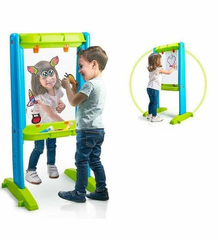 Feber dubbelzijdig krijtbord for creative activities, measuring 53.5 x 57.5 x 106 cm, suitable for kids' play and learning.