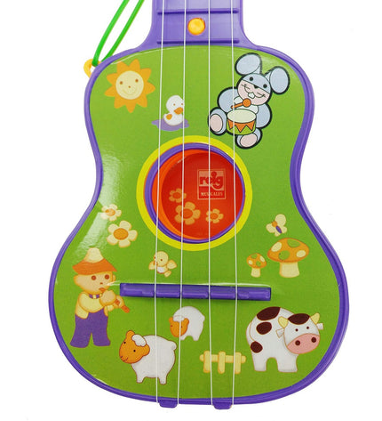 Reig kindergitaar in natural wood finish, 36x15x4 cm, children's musical toy with strings and colorful details.
