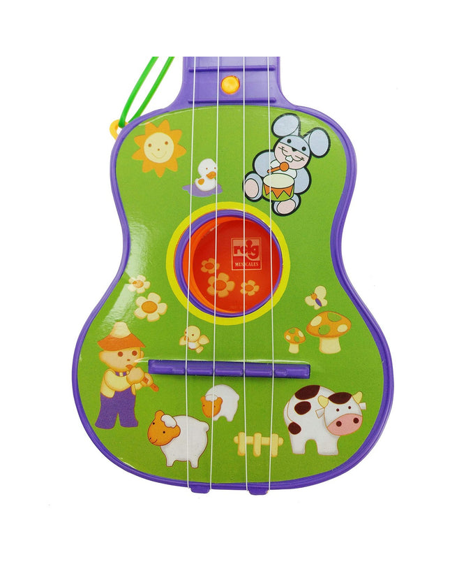 Reig kindergitaar in natural wood finish, 36x15x4 cm, children's musical toy with strings and colorful details.