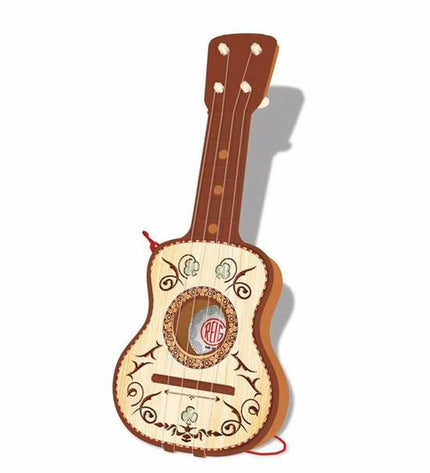Reig Kindergitaar Reig Bruin with four strings, a children's musical instrument, featuring a wooden body and colorful strings.