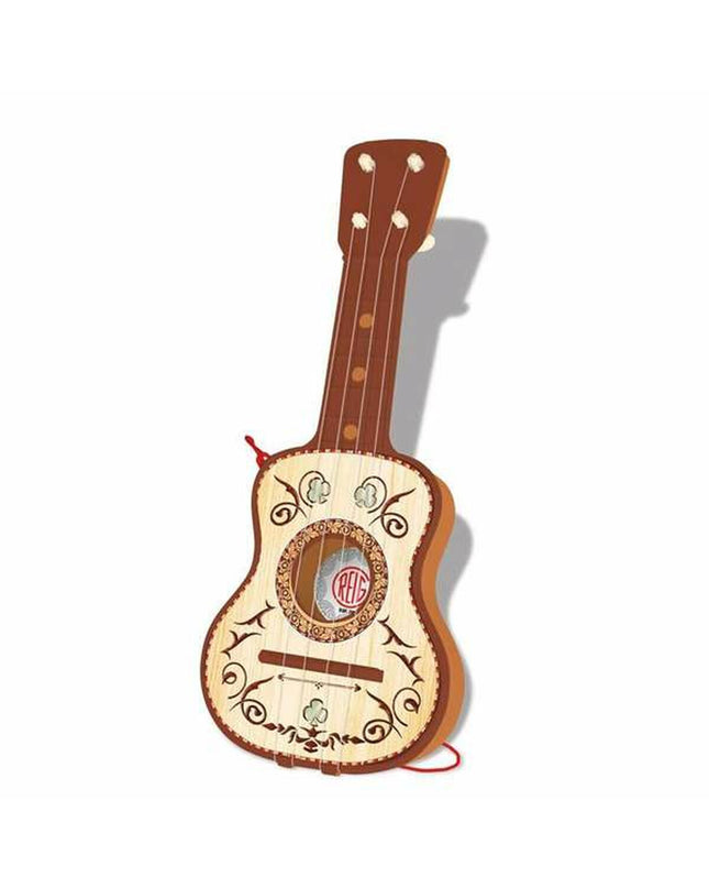 Reig Kindergitaar Reig Bruin with four strings, a children's musical instrument, featuring a wooden body and colorful strings.
