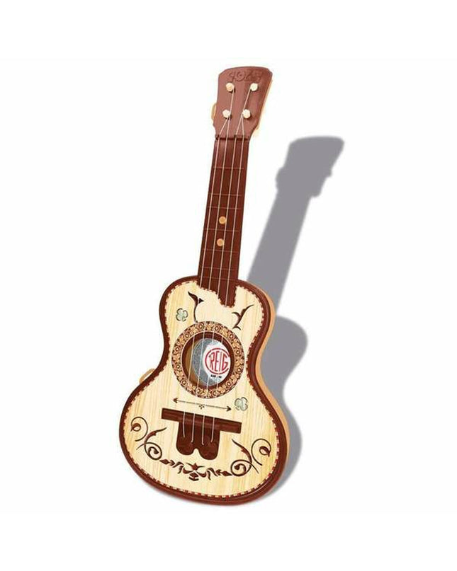 Reig Kindergitaar Reig Bruin with 4 strings, colorful toy musical instrument for children, featuring a brown wooden finish.
