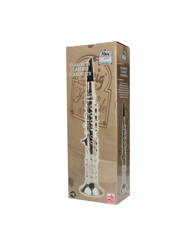 Reig brand toy clarinet, a children's musical instrument with colorful plastic body and realistic keys for imaginative play.