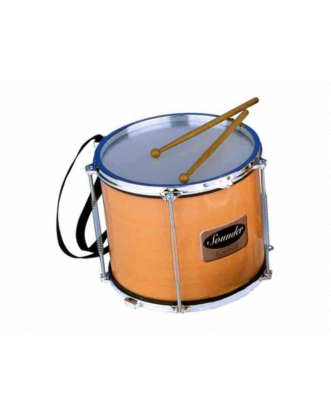 Reig metal and plastic trommel drum, 21 x 26 cm, children's musical toy with colorful drum surface and drumsticks.