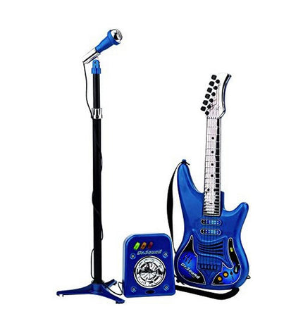 Blue Reig Kindergitaar with built-in microphone, colorful toy musical instrument for children, ideal for play and early music learning.