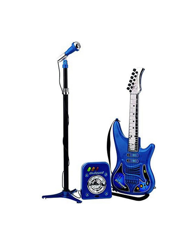 Blue Reig Kindergitaar with built-in microphone, colorful toy musical instrument for children, ideal for play and early music learning.