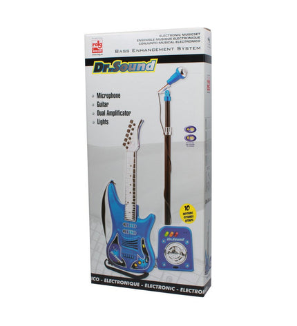 Blue Reig Kindergitaar with built-in microphone, toy musical instrument for children, colorful plastic design.