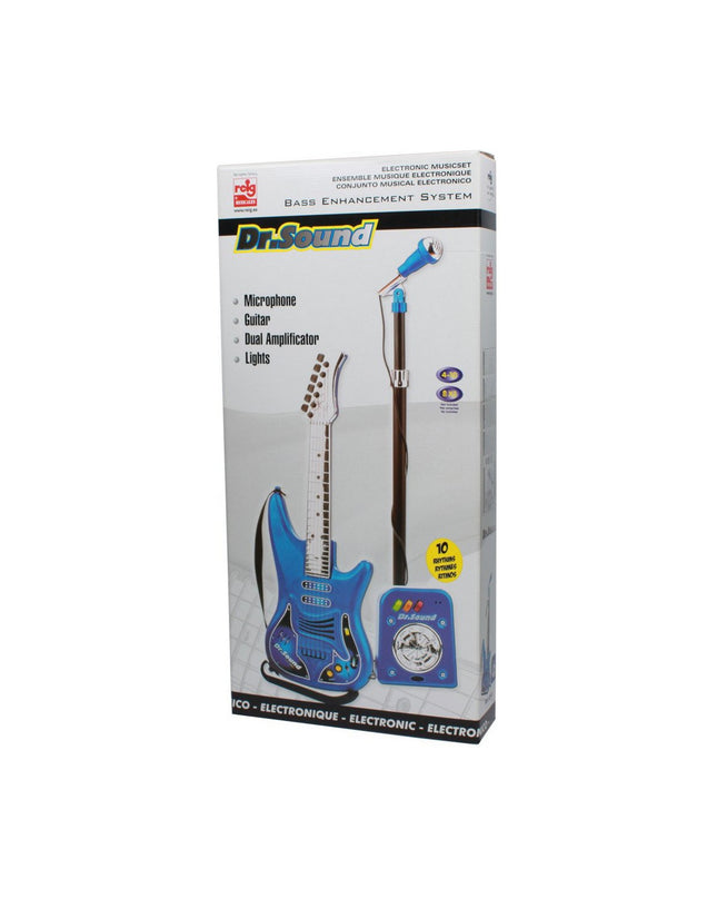Blue Reig Kindergitaar with built-in microphone, toy musical instrument for children, colorful plastic design.