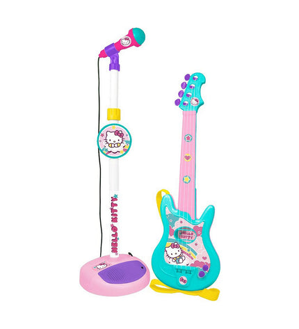 Hello Kitty toy guitar with built-in microphone for kids, colorful musical instrument designed for children’s play and entertainment.