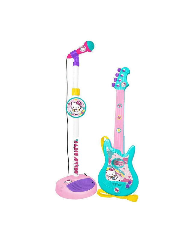 Hello Kitty toy guitar with built-in microphone for kids, colorful musical instrument designed for children’s play and entertainment.