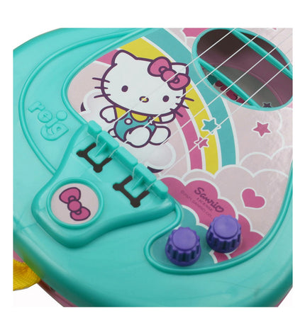 Hello Kitty toy guitar with microphone for kids, colorful musical instrument suitable for children's play and entertainment.