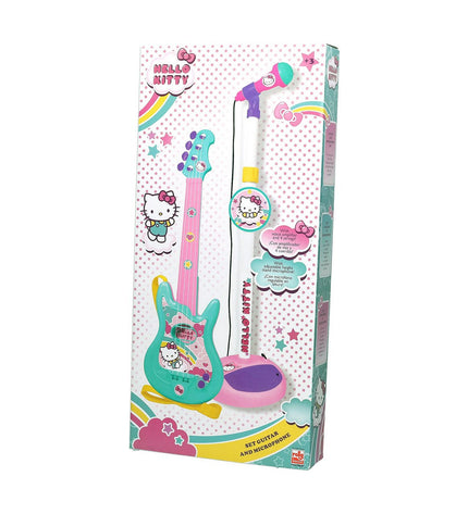 Hello Kitty toy guitar with microphone for kids, colorful musical instrument from Hello Kitty for playful entertainment.