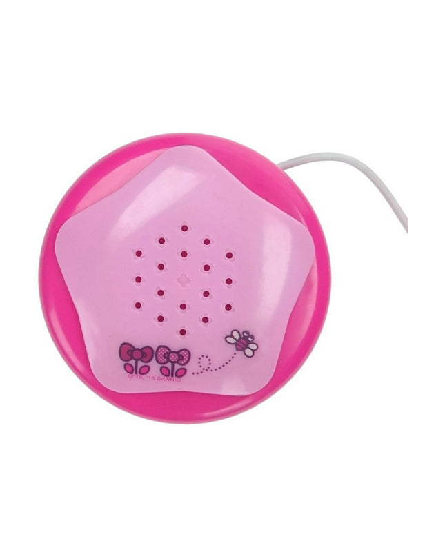 Hello Kitty fuchsiaroze karaoke microfoon, electronic toy for kids, with Hello Kitty branding and playful design.