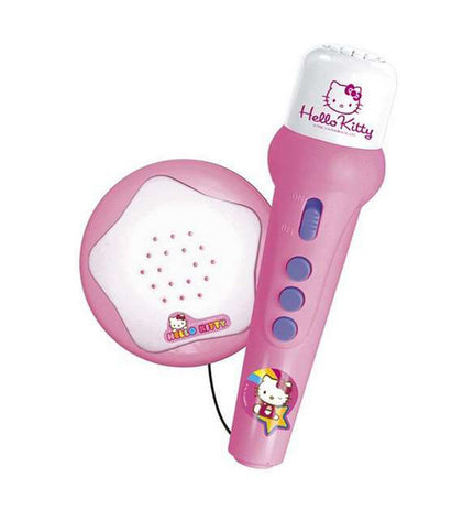 Hello Kitty fuchsiaroze karaoke microfoon, elektronisch speelgoed, playful design with Hello Kitty branding and colorful accents.