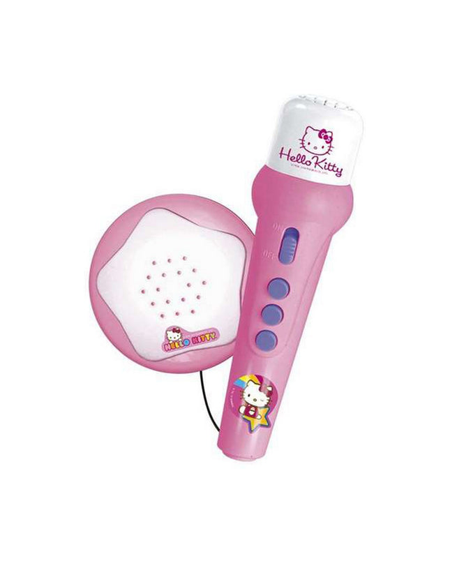 Hello Kitty fuchsiaroze karaoke microfoon, elektronisch speelgoed, playful design with Hello Kitty branding and colorful accents.