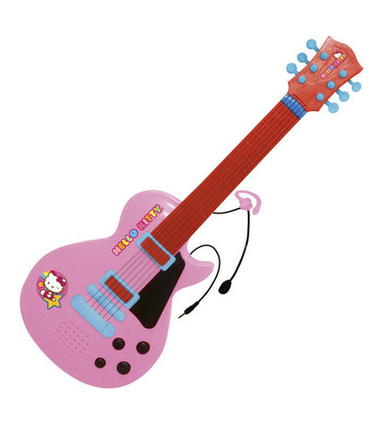 Pink Hello Kitty electronic toy guitar with built-in microphone for kids, part of children's music and toy instruments collection.