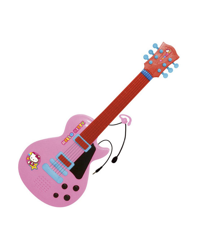 Pink Hello Kitty electronic toy guitar with built-in microphone for kids, part of children's music and toy instruments collection.