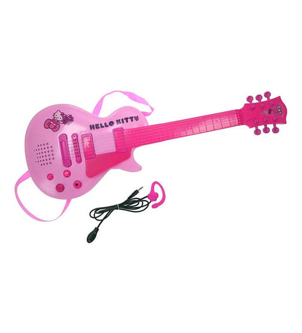 Pink Hello Kitty electronic toy guitar with built-in microphone for kids, colorful and fun musical instrument for children.