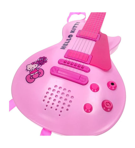Pink Hello Kitty electronic toy guitar with microphone for kids, colorful musical instrument suitable for children’s play and entertainment.