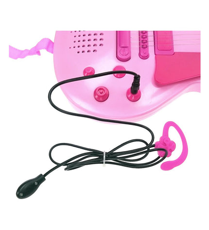 Pink Hello Kitty electronic toy guitar with built-in microphone for kids, featuring colorful design and playful music features.