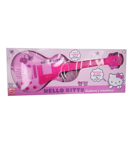 Hello Kitty pink electronic toy guitar with built-in microphone for kids, featuring colorful buttons and playful design.