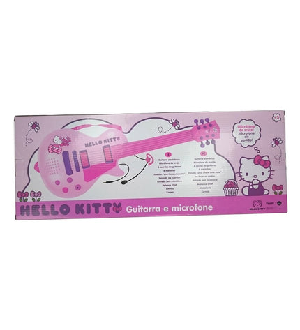 Pink Hello Kitty electronic toy guitar with built-in microphone for children, featuring colorful design and playful Hello Kitty branding.