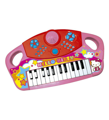 Pink Hello Kitty electronic toy piano for kids, colorful musical instrument with keyboard and playful Hello Kitty design.