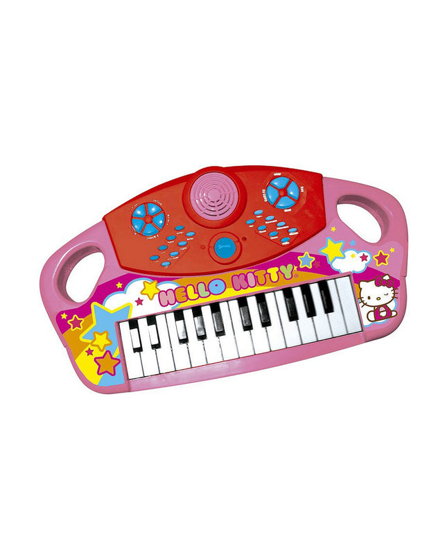Pink Hello Kitty electronic toy piano for kids, colorful musical instrument with keyboard and playful Hello Kitty design.