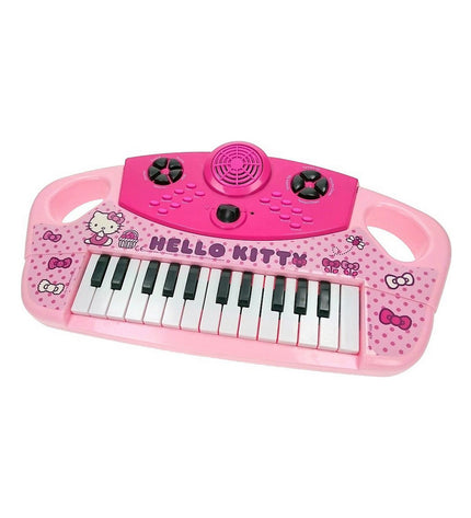Pink Hello Kitty electronic toy piano for kids, colorful children's musical instrument with playful Hello Kitty design.